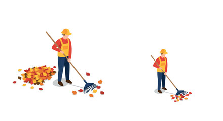 Fototapeta premium Isometric worker raking autumn leaves in safety gear on white background