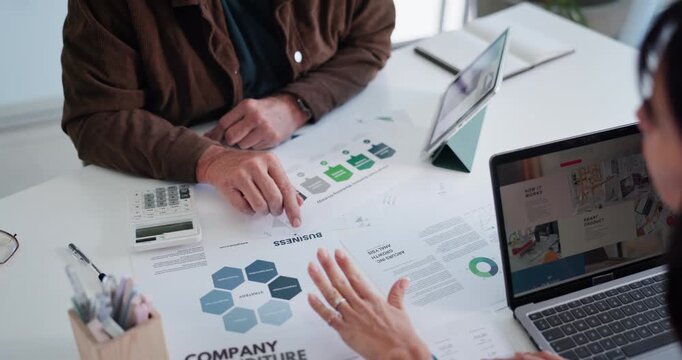 Office, team and hands with documents, discussion and colleagues with company expenditure or review. Accountants, financial planning and people with paperwork, above and budget analysis with info