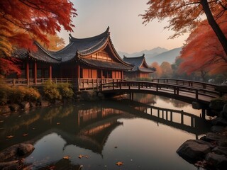 Fototapeta premium Mystical Asian autumn landscape along a gentle river, surrounded by red and golden maple trees. A graceful arched bridge and a pagoda are veiled in soft fog. Warm amber light filters through the haze