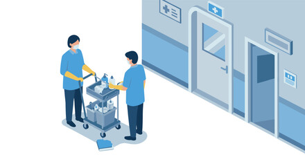 Isometric healthcare sanitation team in protective gear cleaning hospital corridor