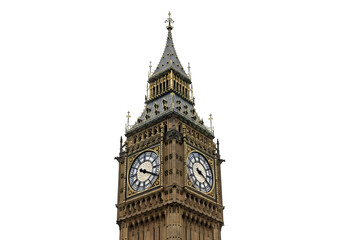 Obraz premium Big Ben clock tower showing detailed Victorian Gothic design and clock faces, isolated on white or transparent background. PNG