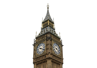 Big Ben clock tower showing detailed Victorian Gothic design and clock faces, isolated on white or transparent background. PNG
