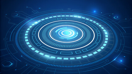 Neon light blue circle portal with electronics elements and wires are on a futuristic technology circuit board. Technology sky-fi background. Round glowing HUD with space for text. Vector tech bg.