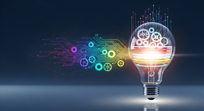 Ide Inovasi Teknologi Konsep Lampu Bohlam Yang Dihubungkan Ke Sirkuit Digital