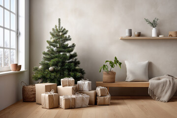 Naklejka na ściany i meble Minimalistischer Weihnachtsbaum mit Geschenken vor hellem Hintergrund