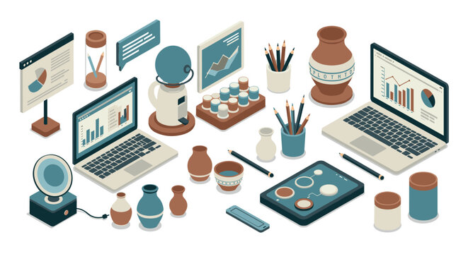 Isometric workspace with analytics tools and pottery design elements - Powered by Adobe