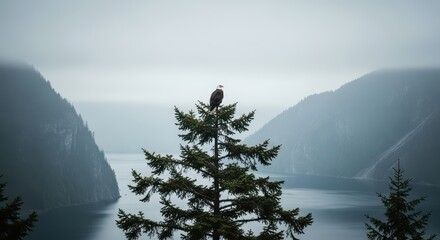 Eagle perched on pine tree overlooking misty mountain lake