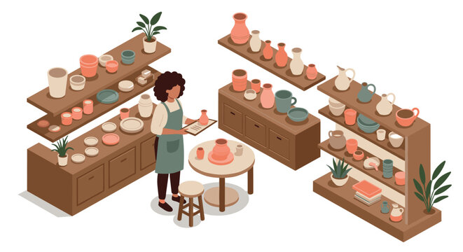 Creative pottery studio with artisan crafting ceramics in isometric style