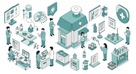 Fototapeta premium Isometric pharmacy and healthcare concept with medical professionals and supplies