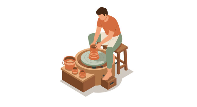 Potter crafting ceramics on wheel in isometric design