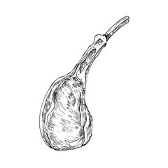 Vector Meat on the ribs. Graphic ink pork or beef illustration, isolated on background. Hand drawn line sketch. For designers, prints, logo, icon, menu, postcards, holiday, covers