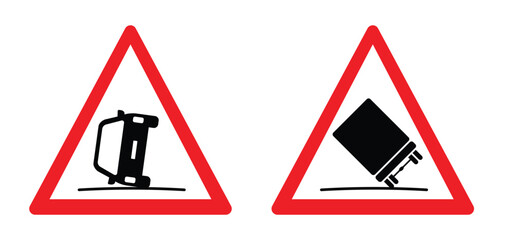Overturned truck or car signbord. Warning sign for a truck or car that is about to roll over. Crosswind hazard. Cars are at risk of overturning on a windy road. Danger of an accident. Car flips over.