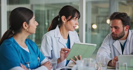 People, doctor and meeting with tablet for medical procedure, planning or strategy in hospital. Group, healthcare team or employees with technology for clinical trial, diagnosis or research together - Powered by Adobe
