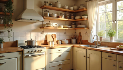 Fototapeta premium Cozy kitchen interior features vintage appliances, open shelves with jars, cookware, sink by window. Sunlight streams in, illuminating warm wood, cream cabinets. Space evokes comfort, homey cooking.