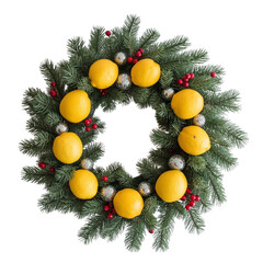 Christmas wreath with lemons isolated on transparent or white background, png