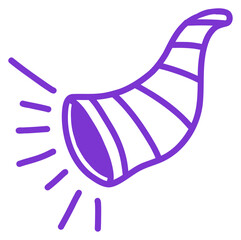 Purple party horn sticker icon. A hand-drawn doodle of a noise maker for New Year, birthday, or celebration events.