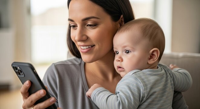 Young mother using her smartphone holding her adorable baby girl at home