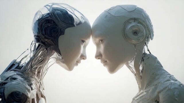This image captures two sleek, lifelike robots in a moment of intimate connection, highlighting the fusion of technology and emotion. The soft lighting enhances the futuristic atmosphere