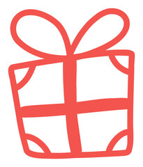 Red gift box sticker icon. A cute, hand-drawn present with a ribbon for birthday, Christmas, or New Year party designs.