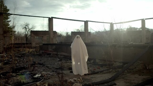 Ghost in white sheet stands among ashes and ruins of burnt building, sunlight streams through charred beams, atmosphere mixes tragedy, mystery and sense of lost home.