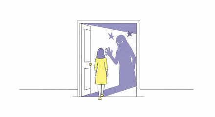 A young girl stands before an open door casting a monstrous shadow.