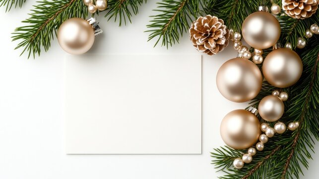 Elegant white card surrounded by pearls and Christmas tree branches ideal for holiday greetings or festive invitations