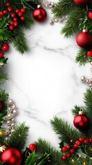 A festive white card framed with Christmas tree branches and pearls offers a perfect space for your holiday message and warm wishes