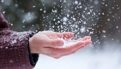 Hand catching falling snowflakes in winter forest atmosphere