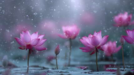Pink water lily lotus flowers blooming beautifully on a calm pond in the winter season with snow falling and copy space.