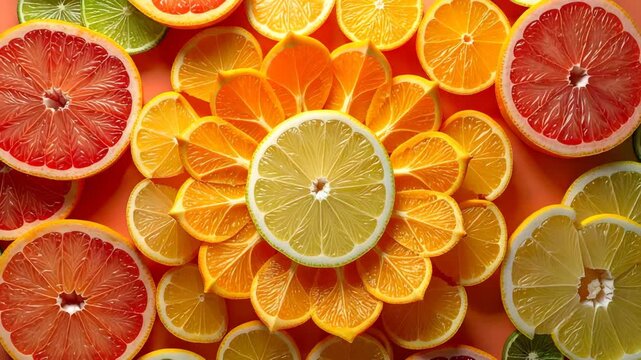 Top View of Colorful Citrus Fruit Slices Artistically Arranged in a Beautiful Mandala Pattern