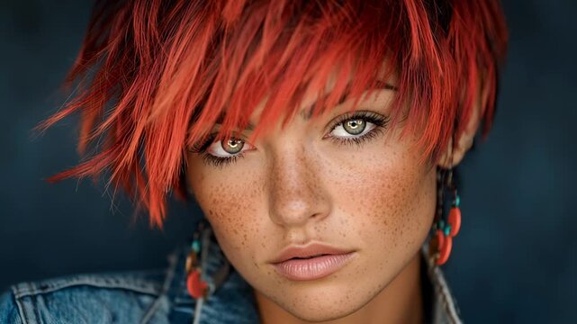 Close-up Portrait of a Young Woman with Vibrant Red Hair, Green Eyes, and Freckles
