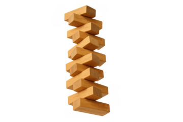 Wood blocks balancing tower abstract showing risk management, strategy, and challenging physics on transparent background