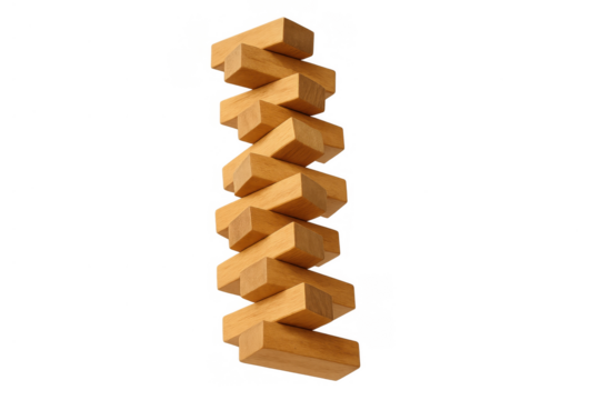 Wood blocks balancing tower abstract showing risk management, strategy, and challenging physics on transparent background