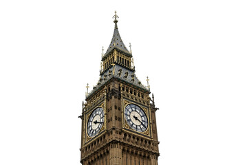 Obraz premium Big Ben clock tower showing detailed Victorian Gothic design and clock faces, isolated on white or transparent background. PNG