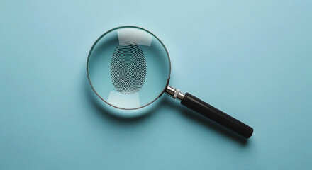 Magnifying Glass Enlarging a Fingerprint on a Blue Background, A Conceptual Image for Investigation, Security, Forensics, and Personal Identification