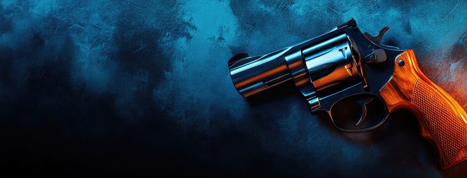 Elegant gold snub-nose revolver with wooden handle on a solid background emphasizing its craftsmanship and design at dusk