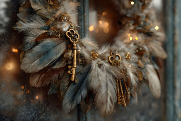 Fototapeta premium unusual christmas wreath on window.
