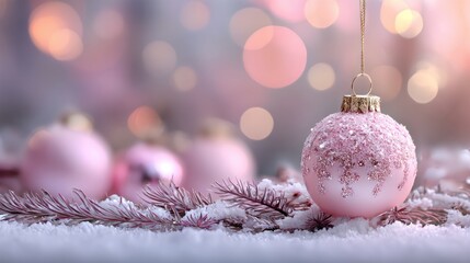 Pink Christmas ornament on snowy surface with festive bokeh background  