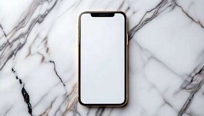 Smartphone with a blank white screen displayed on a marble surface.