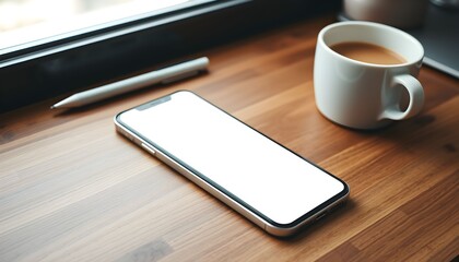 A smartphone with a blank white screen, a pen, and a coffee mug sit on a wooden desk near a window.