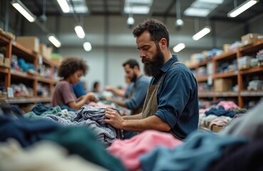 People sort donated clothes in a warehouse. Volunteers fold garments for charity. Team works together with piles of fabric. Helping community receive aid. Giving assistance is important.