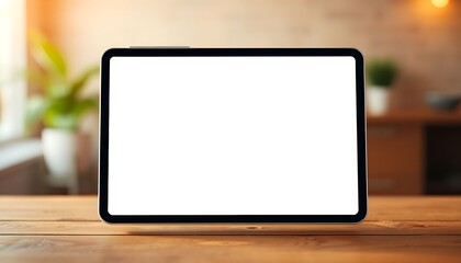 A digital tablet with a blank white screen sits on a wooden table.