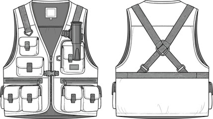 Utility vest technical drawing front and back view, outdoor tactical gear, multi pocket design, fashion flat sketch, apparel garment illustration