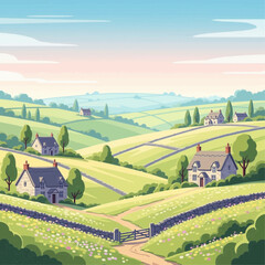 Fototapeta premium countryside, cottages, rolling hills, stone fences, wildflowers