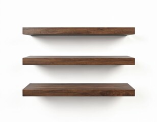 Obraz premium Three dark wood floating shelves hang on white wall. Empty shelves are arranged vertically, providing ample space for product placement or decor. This minimalist furniture offers clean background.
