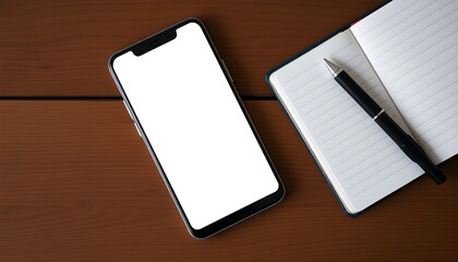 A smartphone with a blank screen, notebook, and pen on wood.