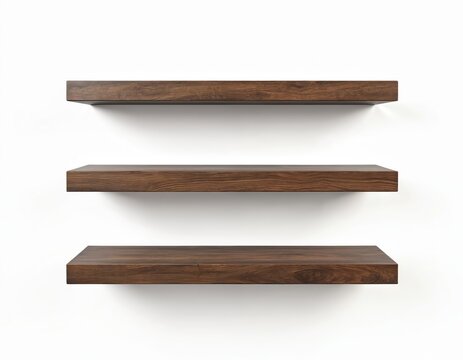 Three dark wood floating shelves hang on white wall. Empty shelves are arranged vertically, providing ample space for product placement or decor. This minimalist furniture offers clean background.