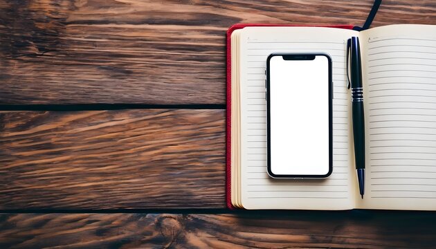 Smartphone with blank screen on open notebook with pen, atop a wooden table. - Powered by Adobe