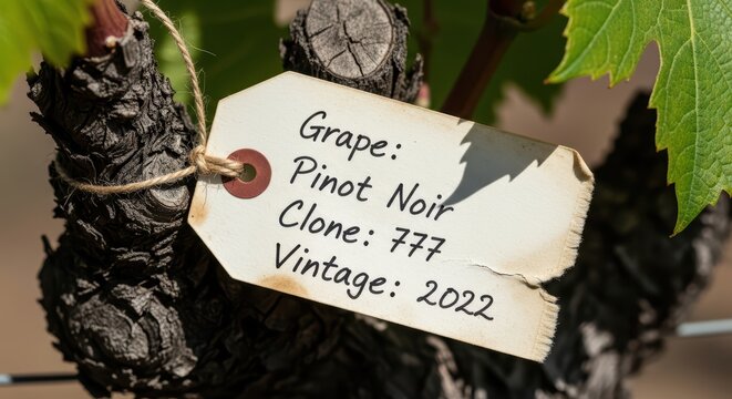 Pinot noir grape vine with label detailing clone 777 and vintage 2022