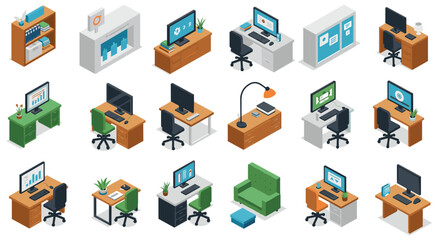Isometric office workspaces with modern desks and technology